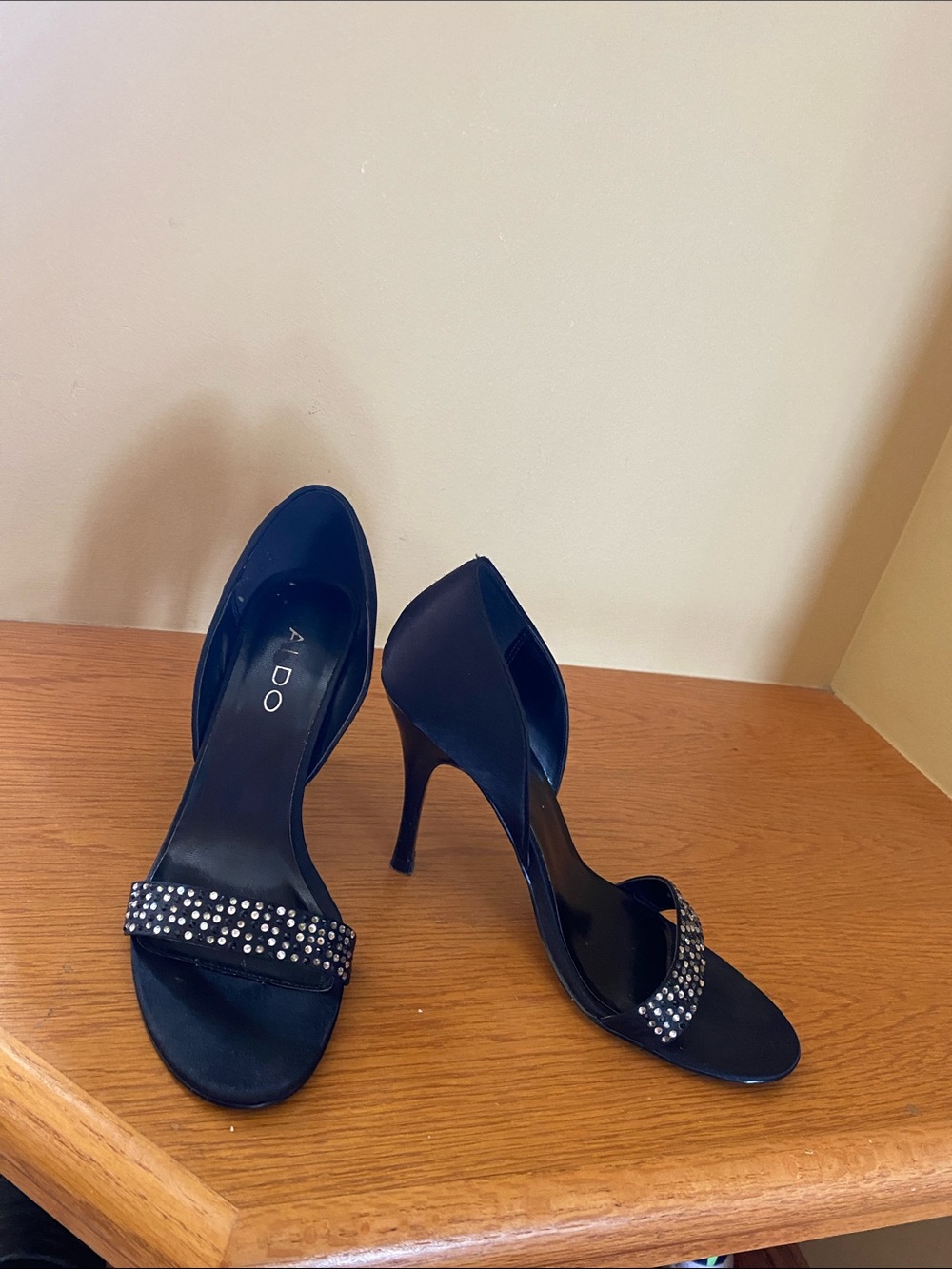 Aldo Black Crystal-Studded Open-Toe Stiletto Heels